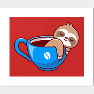 Cute Sloth With Coffee Cup Cartoon Posters and Art